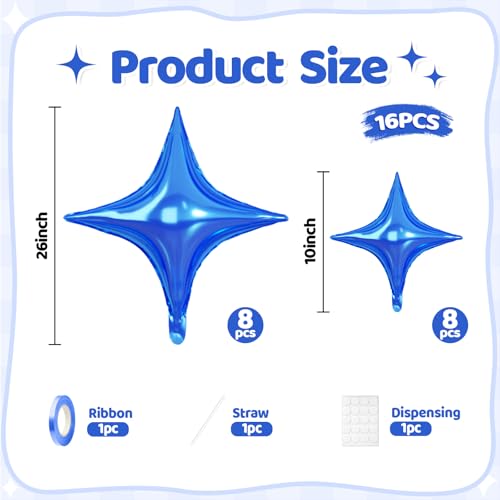 Blue Star Balloons, 16 PCS Four Angle Star Foil Balloons, 26 Inch and 10 Inch Blue Stars Shaped Balloon for Graduation Birthday Baby Shower Anniversary Retirement Engagement Party Decorations - color: Blue