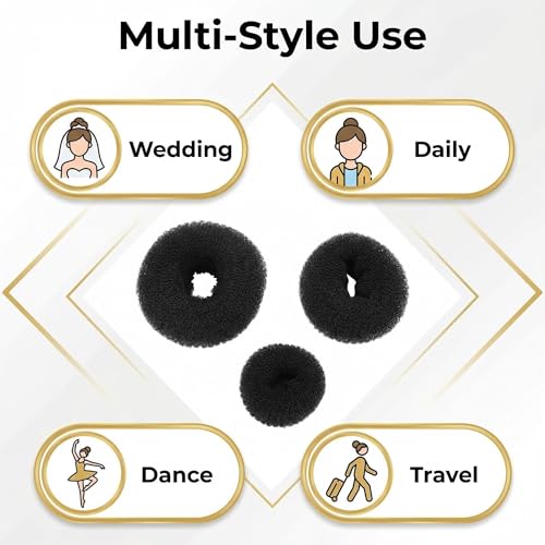 Hair Bun Maker Set, Black Foam Ring Updo Shapers for Smooth Chignon Styles, Lightweight Reusable Form, Easy Pin-and-Wrap Styling Tool, 3 Pieces