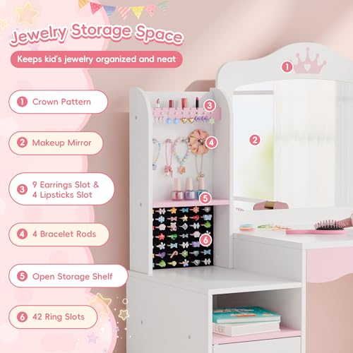 MU Kids Vanity, Girl Vanity Set with Mirror and Stool, 2 in 1 Toddler Makeup Vanity Table with Jewelry Storage, Wooden Princess Makeup Desk Dressing Table for Little Girls, (White) - color: White