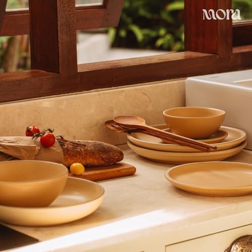 MORA Medium Plates Set of 4, 8.5 inch Ceramic Pottery Salad Plates - Microwave, Oven and Dishwasher Safe - Merrigold - color: Merrigold