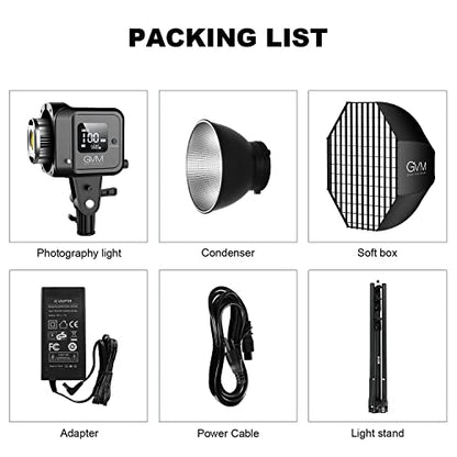 GVM SD80S 80W COB Video Light Kit, 5600K Continuous Lighting for Photography with Bowens Mount Softbox&Stand, 8 Lighting Effects Support AC Adapter & NP Series Battery - color: softbox lighting kit