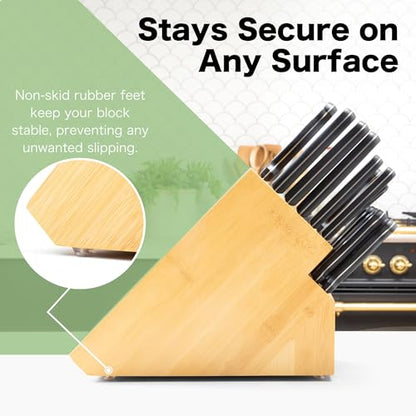 Shenzhen Knives 20 Slot Universal Knife Block: Large Bamboo Finish Wood Knife Block without Knives - Countertop Butcher Block Knife Holder and Organizer with Wide Slots for Easy Kitchen Knife Storage - size: Large