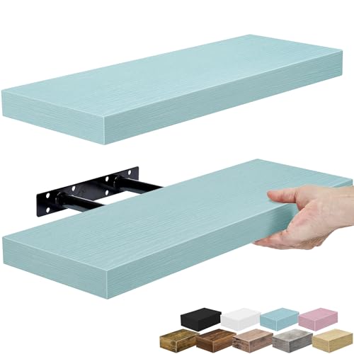 Sorbus Floating Shelves for Wall – 16 Inch Floating Shelf for Kitchen, Bedroom, Living Room, Bathroom, Home & Wall Decor - Mounted Bathroom Shelves with Invisible Brackets (Breezy Blue, 2 Pack) - color: Breezy Blue, size: 2 Pack