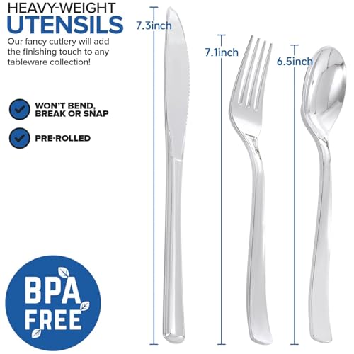 50Guests Pre Rolled Silver Plastic Silverware Sets - Heavy Duty Silver Cutlery - Include 50 Pack Wrapped Disposable Utensils with Napkins for Parties & Dinners & Weddings - color: 50Pack - Silver