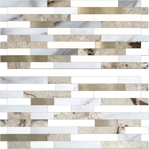 AULIGET 2 Sheets Faux Stone Peel and Stick Backsplash, Beige & White Marble Look PVC Wall Tile Stick on Backsplash for Kitchen and Bathroom - color: Beige & White Marble + Metal Gold, size: 2 Sheets, 6"x12"x0.12"