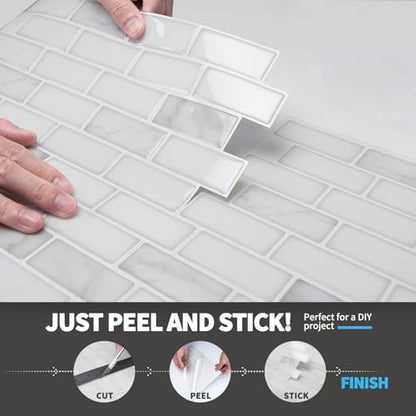 Art3d 10-Sheet Peel and Stick Backsplash Tile in White Marble, Self-Adhesive Wall Tiles Stick on Kitchen Laundry Room RV Renter - 12 x 12 Inch - color: White Marble