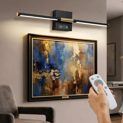 Picture Lights Rechargeable for Wall: Battery Operated Wall Sconces Wireless Art Lighting for Painting Canvas Gallery 360° Rotatable Detachable Battery Aluminum 48H (1, Black +Gold) - color: Black +Gold
