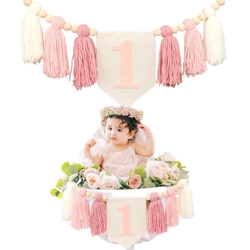 Boho Pink Handmade 1st Birthday High Chair Banner for Baby Girls Wall Hangings Wood Bead Tassel Garland First Birthday Party Decorations Photoshoot Props - color: pink