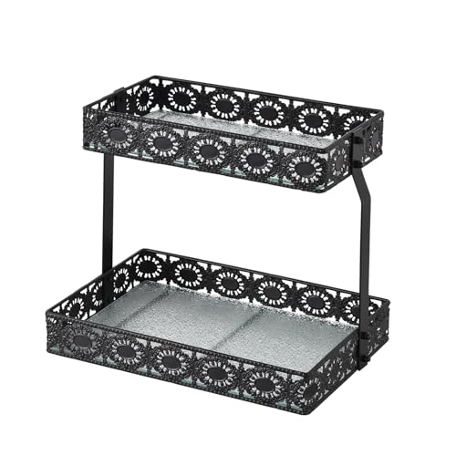 xiaojuande-Two Layer Glass Storage Tray with Portable Dressing Table Skin Care Product Organization Rack Corner Storage Rack for Bathroom Counter High-end Light - (Black) - color: Black