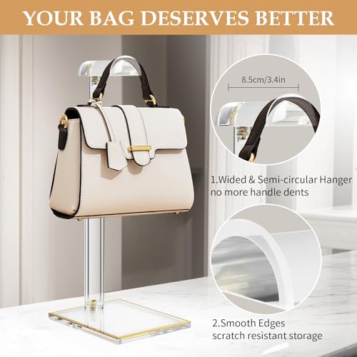 Acrylic Purse Display Stands, 14"-24" Adjustable Height Handbag Holder, Clear Purse Rack Stands for Closet Retail, Durable Gold Trim Hanging Bag Wallet Jewelry Necklace Organizer Stand(PATENT PENDING) - size: 1-pack, L (13.5"-24")