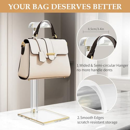 Acrylic Purse Display Stands, 14"-24" Adjustable Height Handbag Holder, Clear Purse Rack Stands for Closet Retail, Durable Gold Trim Hanging Bag Wallet Jewelry Necklace Organizer Stand(PATENT PENDING) - size: 1-pack, L (13.5"-24")