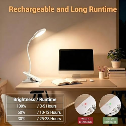 LACOKI Clip on Rechargeable Reading Light for Bed, 3 Color x 3 Brightness 28 LEDs Desk Light, Eye-Caring Desk Lamp with Clamp for Headboard, Table, Desk