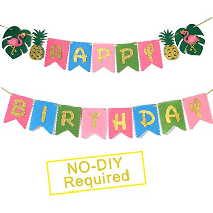 Hawaiian Birthday Party Decoration for Luau Summer Pool Glitter Gold Birthday Banner for Aloha Party Coconut Palm and Beach Happy Birthday Banner Photography Props