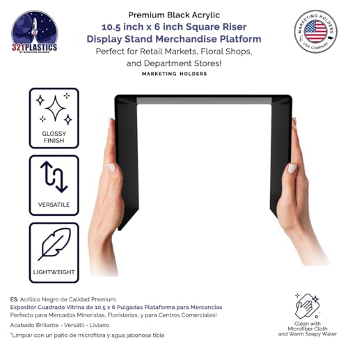 Marketing Holders 4 Pack Acrylic Riser Display Stand Black Plexiglass 10.5 Inch Wide x 6 Inch Deep x 8 Inch High Rectangular Retail Countertop Showcase Platform for Products and Merchandise - size: 10.5"W x 6"D x 8"H