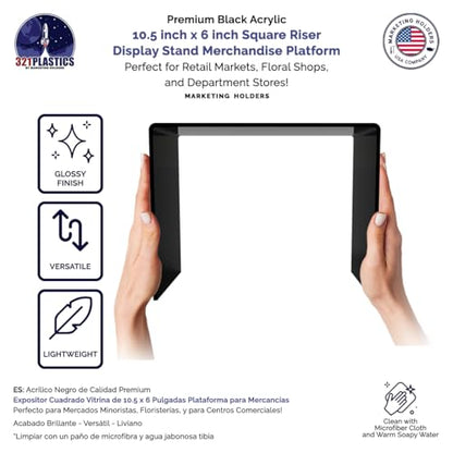 Marketing Holders 4 Pack Acrylic Riser Display Stand Black Plexiglass 10.5 Inch Wide x 6 Inch Deep x 8 Inch High Rectangular Retail Countertop Showcase Platform for Products and Merchandise - size: 10.5"W x 6"D x 8"H