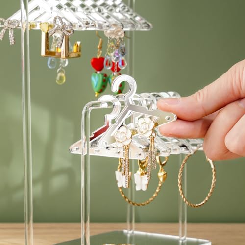 NiHome Acrylic Earring Holder with Unique Double-Tiered Design, Cute Miniature Clothing Hangers with Spacious Storage for 48 Pairs, Mirror-Finish Display for Home Vanity & Retail Showrooms (Silver) - color: Silver, size: Without Tray