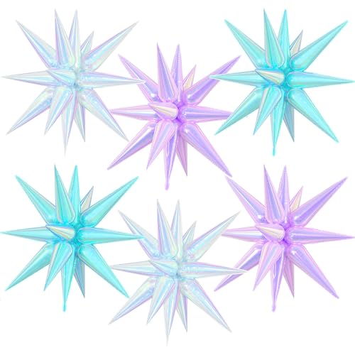 Iridescent Pink Purple Teal Star Foil Balloons, 6 Pcs Transparent Rainbow Star Explosion Balloons, 22 Inch Gradient Spike star Cone balloon for Birthday Wedding Under The Sea Mermaid Party Decoration - color: Iridescent Blue Purple