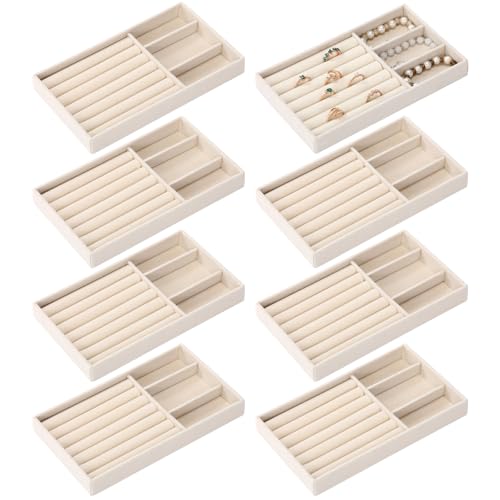 Highergo 8 Pcs Velvet Jewelry Trays Stackable Drawers Organizer Ring Earring Bracelet Necklace Storage Trays, 8.3x4.7x1''(3 Grids,7 Slots) - style: 3 Grids,7 Slots