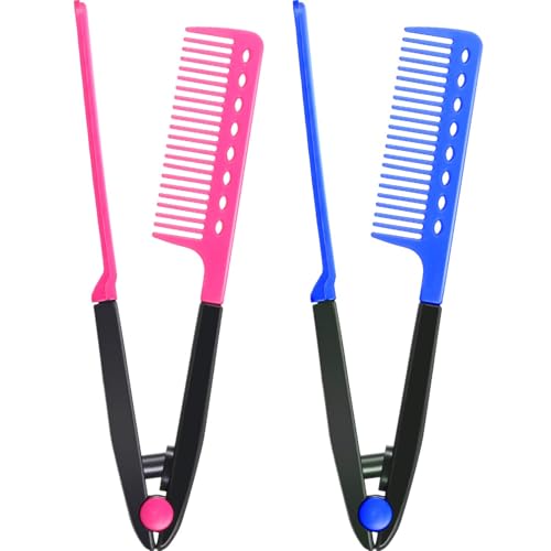 2 Pieces Flat Straightening Comb Salon Hair Brush Comb Hairdressing Styling Straightener V-shaped Straight Straightener(Rose Red, Blue) - color: Rose Red, Blue