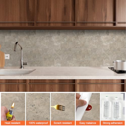 Peel and Stick Subway Tile Backsplash, 10 Sheets 12''x12''Beige Stone-Look 3D Wall Tiles, Thick & Strong Adhesive, Heat Resistant & Waterproof Stick On Tiles for Kitchen, Bathroom - color: Beige Stone Rock