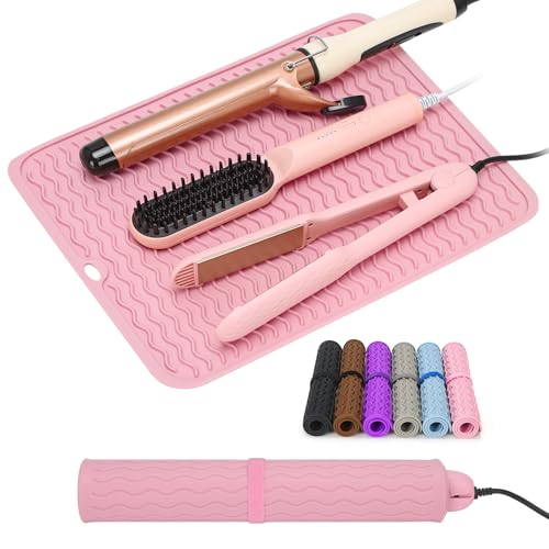 Oversize Silicone Heat Resistant Mat for Curling Irons, Flat Irons, Hair Straighteners and Hot Hair Styling Tools, Portable Wrap Pad Cover for Vanity, Travel, Salon(14.2" x 11.0") - color: Pink