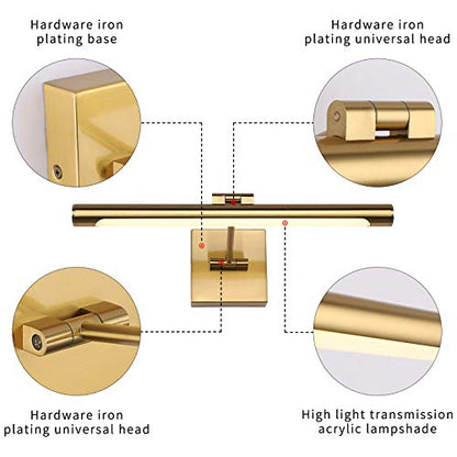 LED Picture Light Fixtures 16.54 Inches, Modern Metal Artwork Wall Lamps with Single Swing Arm, 7W (50W Eqv.), Hardwired Connection, Non-Dimmable, 3000K Warm White, CRI80+, Golden-Like Brass Finish - color: Brass, size: Non-Dimmable 16.53" Long