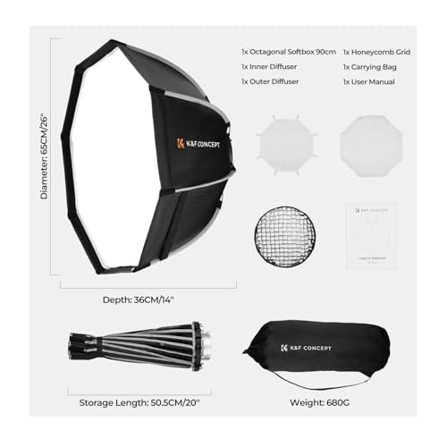 K&F CONCEPT 35''/90cm Octagonal Softbox, Quick Release Bowens Mount Softbox with Honeycomb Grid, Light Diffusers, Carrying Bag, for Photography Studio Speedlite Flash and Monolight