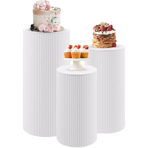Metal Pleated Cylinder Pedestal Stands for Party, 3 Pieces Heavy Duty Round Cake Pedestal Stand Display Plinth Pillars Art Decor for Wedding Ceremony Birthday Party（Large, White） - size: XXL:35.63"x40", XL:29.72"x14.17", L:23.82"x12.6"