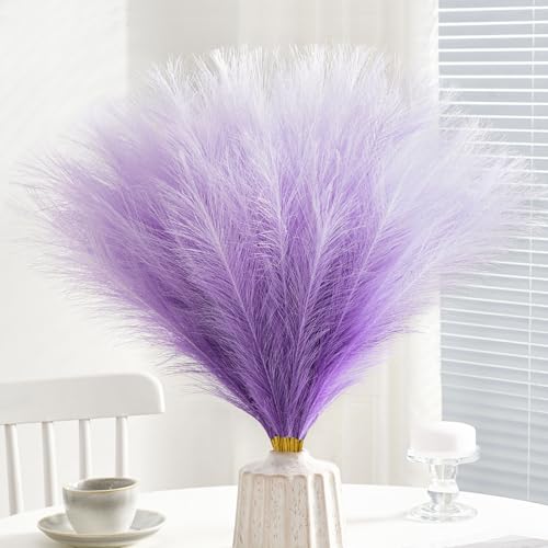 50pcs Faux Pampas Grass,17.7" Artificial Fluffy Pampas Grass Decor Short Fake Pompos for Home Room Birthday Party Centerpieces Decoration(Gridient Purple) - color: Purple