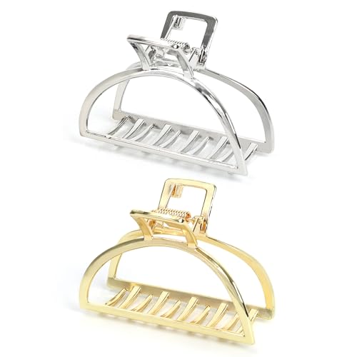 FAELBATY Metal Claw Clips for Thick Hair, Medium Metal Hair Clips for Women, Gold Hair Clips & Silver Hair Clips, Hair Claw Clips for Thin Hair, Strong Metal Clips for All Hair Types, 2PCS Gold&Silver - color: Semicircle-Gold&Silver