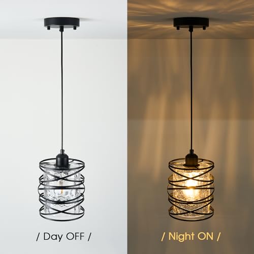 Hammered Glass Pendant Light, Black Metal Spiral Cage Hanging Lamp, Adjustable Height Modern Hanging Light Fixture for Kitchen Island, Dining Room, Living Room, Hallway, Entryway - color: 1-Pack Hammered Glass 6.30in