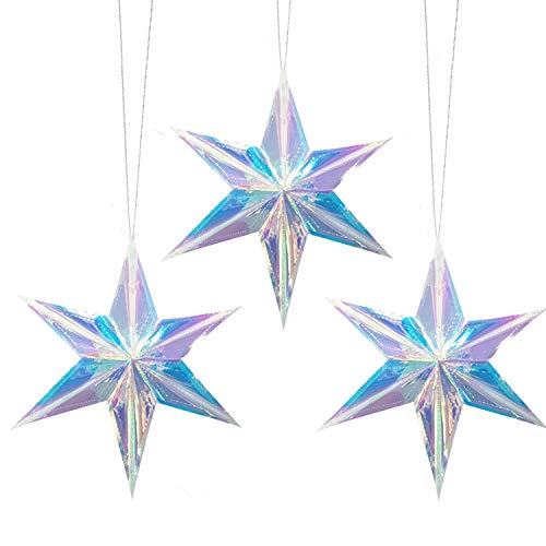 Iridescent 6 Point Star Hanging Ornament, Clear Foil Folding Decorations, Rainbow Shine Party Decor for Bridal Shower Wedding Birthday Frozen Unicorn Theme Party - color: Iridescent 6 Point Star