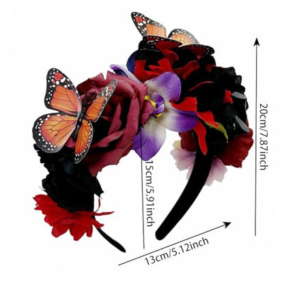 Elegant Butterfly Flower Headband for Women Boho Handmade Rose Floral Crown Wedding Bridal Festivals Cosplay Prom Photo Props Headpiece (C2 red, Adjustable) - color: C2 red