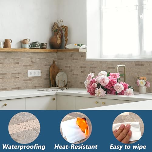 Yipscazo 10 Sheets Peel and Stick Stone Metal Tile Backsplash, Stick on Tiles for Backsplash Kitchen, Bathroom, Laundry Room, Camper, Fireplace (12'' X 12'', Beige Stone with Gold Metal) - color: Beige Stone with Gold Metal