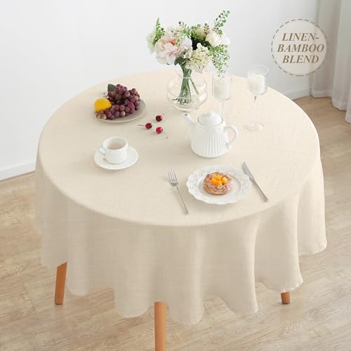 Linen World Round Linen Blend Tablecloth 90" Inch,Linen Loook Soft Cool & Breathable,Machine Washable Natural Table Cloth for Dining, Kitchen, Outdoor, Easter-Sand Beige - color: Sand Beige, size: 90" (Round)