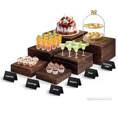 6 Pcs Buffet Risers and stands with Food Signs, Food Risers for Buffet Table, Rustic Wood Cake Stand, Wood Risers Display Stands for Decor, Party, Birthday, Wedding, Baby Shower