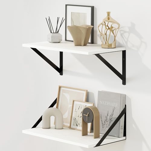 Fun Memories Deep Floating Shelves for Wall, 16W x 8D Wall Mounted Shelves Set of 2, Wide Display Ledge Shelf with Sturdy Metal Brackets for Living Room, Bathroom, Bedroom and Kitchen, White - color: A-white, size: 16"w X 8"d