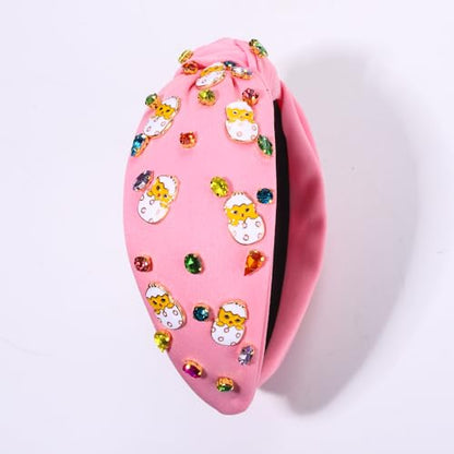 boderier Easter Headbands for Women Girls Easter Egg Headband Crystal Jewel Embellished Wide Knotted Headband Spring Holiday Easter Accessories (Cute Egg-Pink)