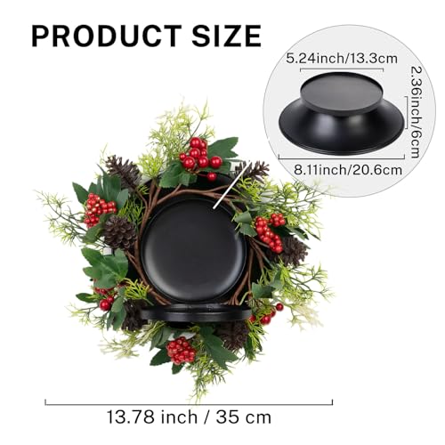 MOYEE Candle Holder Centerpieces for Tables,Candle Ring,Wreaths, Black Metal Candle Stick Paired Artificial Flowers 14 in Versatile Dining Table Centrepiece - color: Pinecone and Green Leaf Wreath