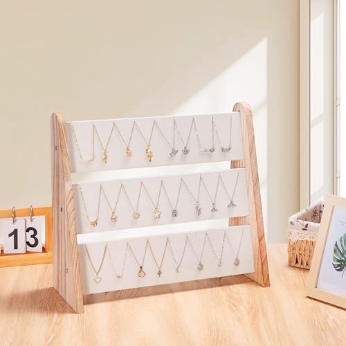 Necklace Holder 3 Tier Wood Necklace Organizer Stand with White Velvet, Necklace Display Stand for Selling, Chain Necklace Holder Rack for Show, 72 Necklaces Bracelets - style: One-Sided White