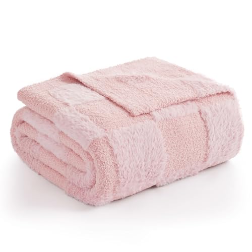 Snuggle Sac Checkered Throw Blanket,Fluffy Faux Fur Knitted with Soft Microfiber Warm Throw Blankets for Couch, Sofa, Chair, Bed, Camping, Picnic, Travel, Solid Pink, 50x60 inches - color: Solid Pink, size: Throw(50"x60")