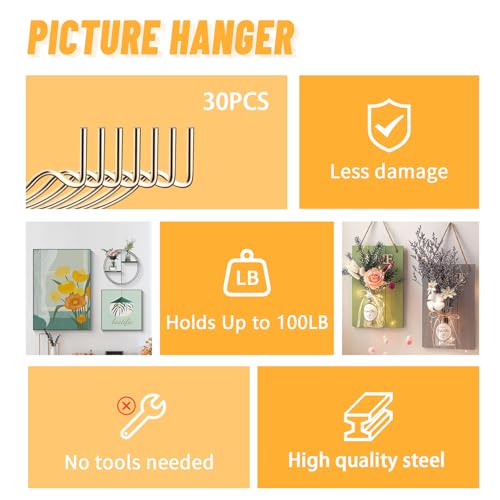 FURHUA 30pcs Aeneous Super Hook Picture Hangers and Office Pack, Drywall Hooks for Hanging Pictures, Wall Hooks, Picture Hangers, Picture Hanging Kit，Hang Art, Clock, Shelves, Mirrors - style: Aeneous