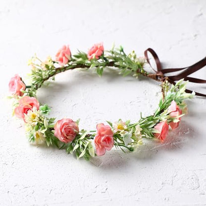 Handmade Fairy Flower Crown - Fashion Pink Flower Headband Mini Rose Hair Wreath Women Girls Floral Headpiece for Wedding Festival Halloween Cosplay - color: Pink Green