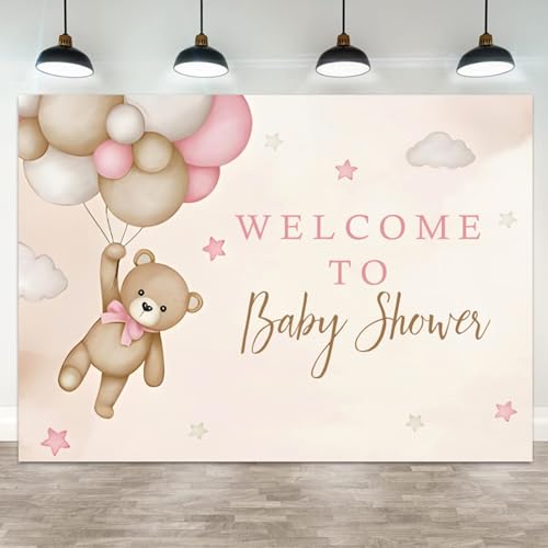 5x4ft Bear Baby Shower Backdrop Brown Pink Hot Air Balloon Photography Background Sky Cloud Star Welcome to Baby Shower Decorations Pregnancy Announcement Portrait Photo Booth Prop - color: color 1, size: 5x4ft