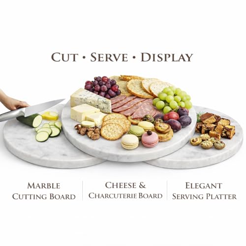 11-Inch Round Marble Cheese Board – Solid White Natural Stone Cutting Board & Charcuterie Serving Tray with Non-Slip Feet, 0.5” Thick, Easy to Clean. - color: White, size: 11"L x 11"W