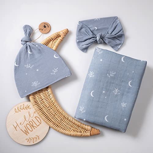 Miaoberry 100% Organic Muslin Swaddle Set w Matching Hat/Bow| Moon Leaves in Haze Blue| Hospital Home-Coming Baby Announcement Blanket Gender Neutral for Boy n Girl - color: Moon Blue