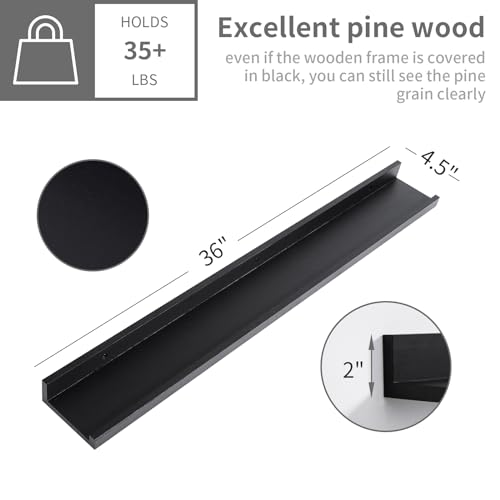 MBYD 36 Inch Picture Ledge Shelf with Lip Modern Black Floating Photo Shelves Natural Wood Set of 3 Same Sizes Frames Albums Display Shelf for Bedroom Bathroom Living Room Kitchen - color: Black, size: Set of 3 36 in