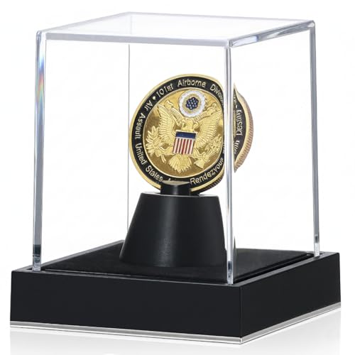 JupDec Coin Display Case, Clear Acrylic Single Coin Holder with Durable Base, Dustproof Cube Showcase with Black Velvet Interior, Ideal Gift for Challenge Coin Fans & Collectors - size: 1 Pack