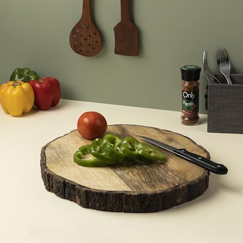 GoCraft Wooden Round Cutting Board with Tree Bark Rim | 1.5" Thick Mango Wood Live Edge Chopping, Prep, Serve Board | Charcuterie Platter - 12.75"