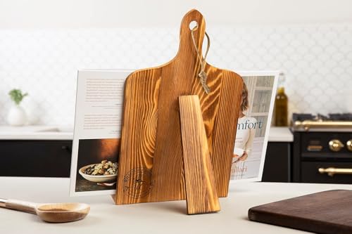 Willow & Croft Premium Cook Book Stand. Farmhouse Cutting Board Stand Cookbook Holder, Recipe Book Holder. Distressed Cookbook Stand for Kitchen Counter. Rustic Home Decor, Adjustable Display Stand. - style: Brown - Cutting Board Design